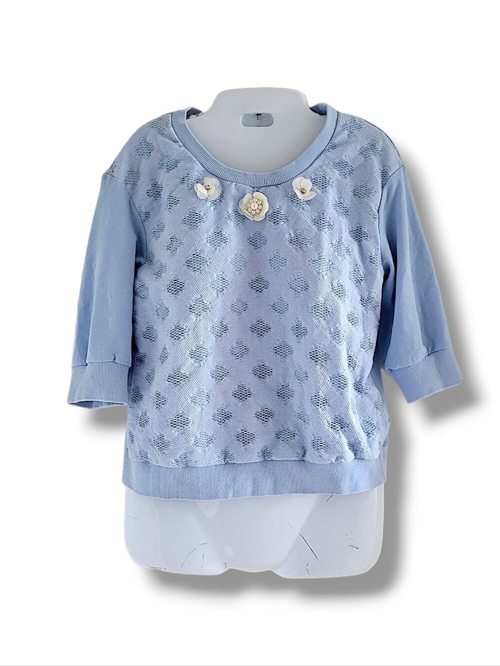Korirl | EUC Light Blue Floral Appliqué Lace 3/4 Sleeve Top SIZE M